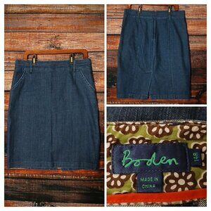 Boden Jean Skirt 14 Straight Pencil Dark Wash Denim Pockets Zip Back Stretch